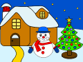 Зимний домик, снеговик и елка